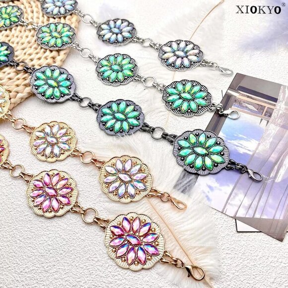 Rhinestone Concho Belt Gold Metal Western Pink Chain Waist Jewelry for Women